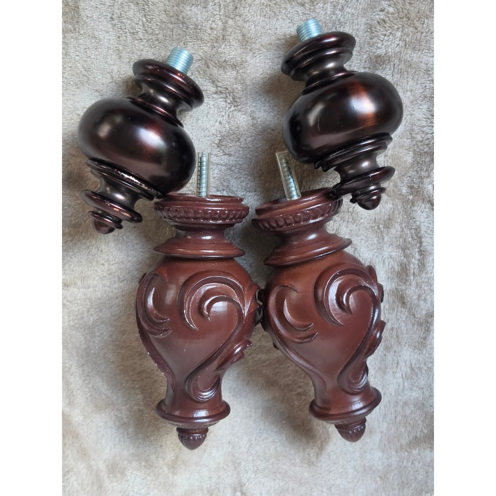 4pc Decorative Curtain Rod Finials Lot Carved Wood Scroll & Dark Bronze Metal